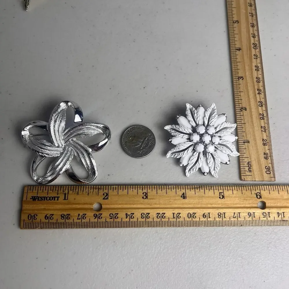 Vintage Floral Brooch Pin Lot Silver Tone Milk Glass AB Aurora Borealis Jewelry